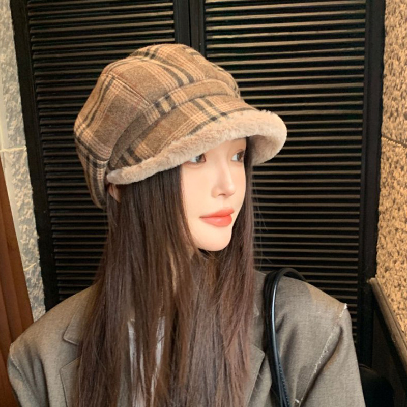 复古格子毛绒八角帽子女秋冬季文艺百搭保暖八角帽显脸小渔夫帽子|undefined