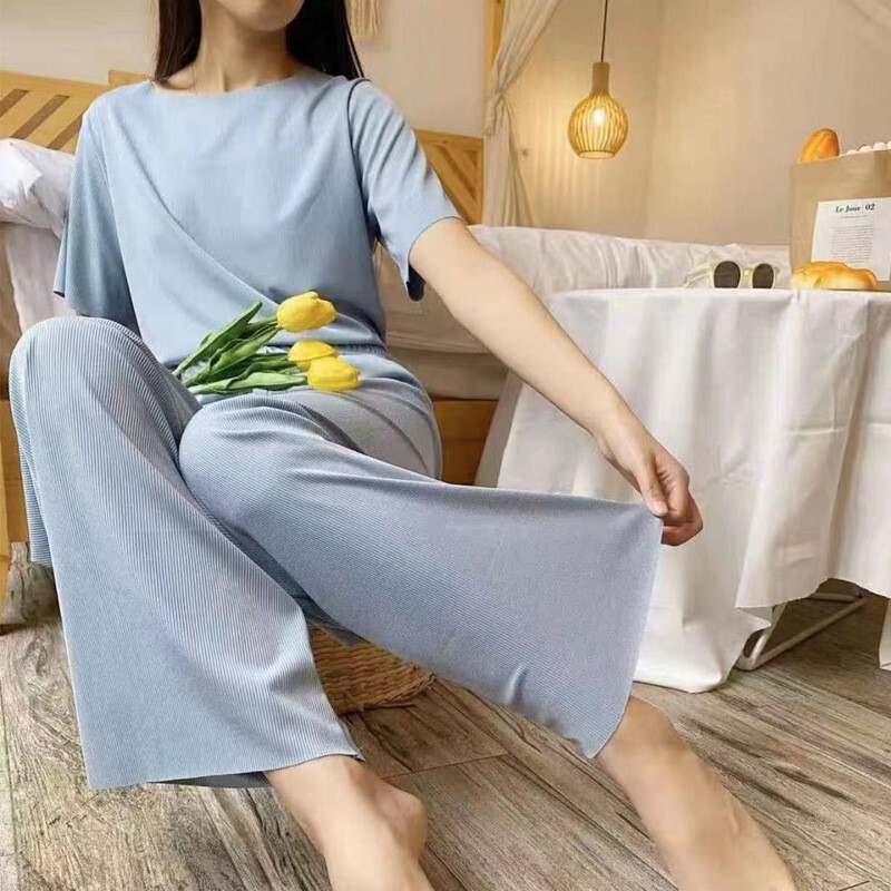 Home Clothes Outer Wear Large Size Fashion Wide Leg Pants Ice Silk Casual Pajamas Ankle-length Pants Two-piece Top for Chubby Girls