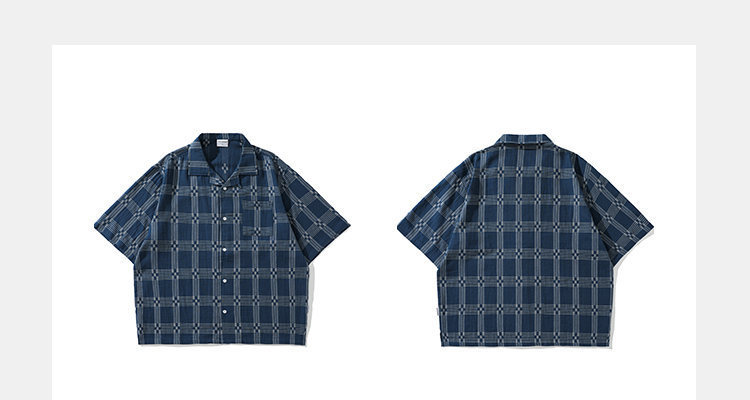 Camicia uomo retro stile giapponese a quadri collo cubano blu_voghion.com