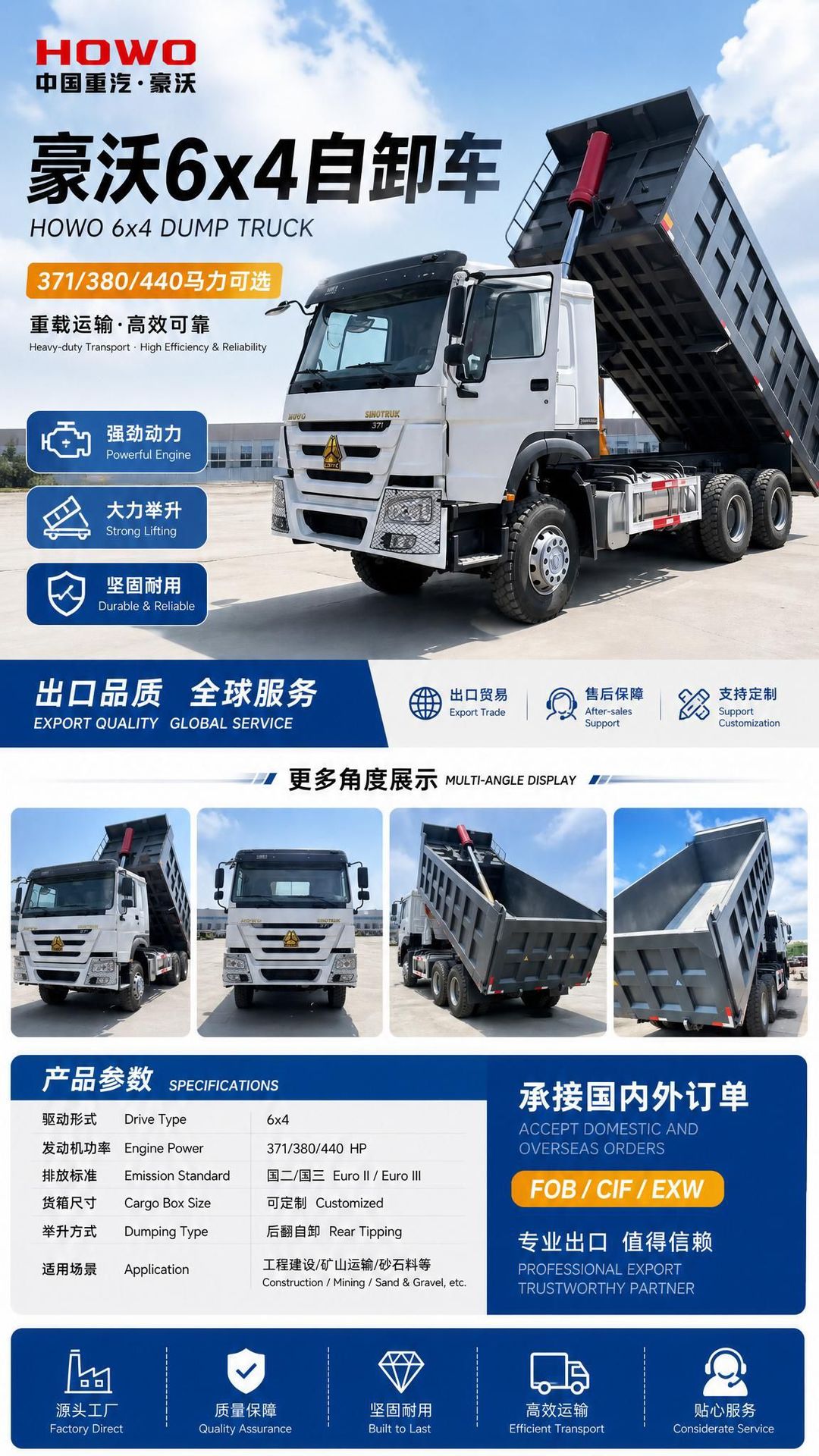 Cross-border HOWO 6x4 heavy-duty dump truck 371/380/440 can be converted to a right-hand drive Euro 2/Euro 3 dump truck