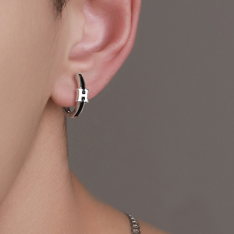 Silver Ear Stud Men's Trendy Niche Personality Men's Single Men's Letter ins Trendy Men's 2022 New Men's Earrings