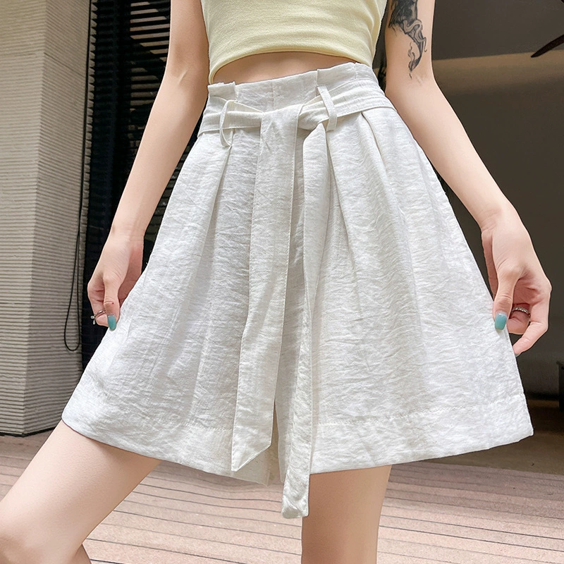 Настоящие широкие шорты из ледяного шелка, хлопка и льна для женщин, лето 2025, новые свободные утягивающие брюки с высокой талией и ремнями, универсальные повседневные брюки