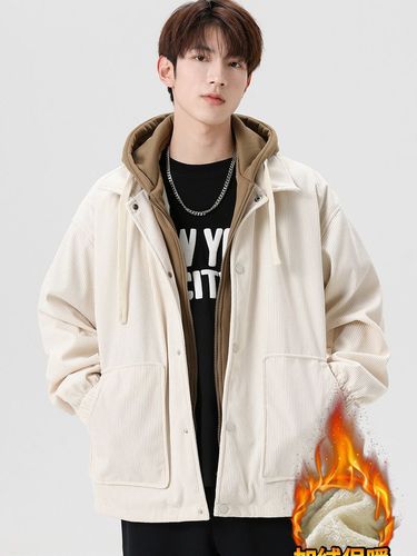 Japanese trendy brand couple's corduroy hooded jacket for autumn and winter, lined and thickened, unisex, Hong Kong style, pseudo-two-piece sweatshirt jacket