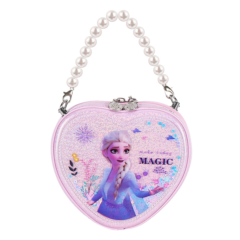 Bolso de Princesa para Niñas 2022, Bolso de Mano de PU con Perlas de Moda, Bolso Bandolera con Forma de Corazón de Frozen