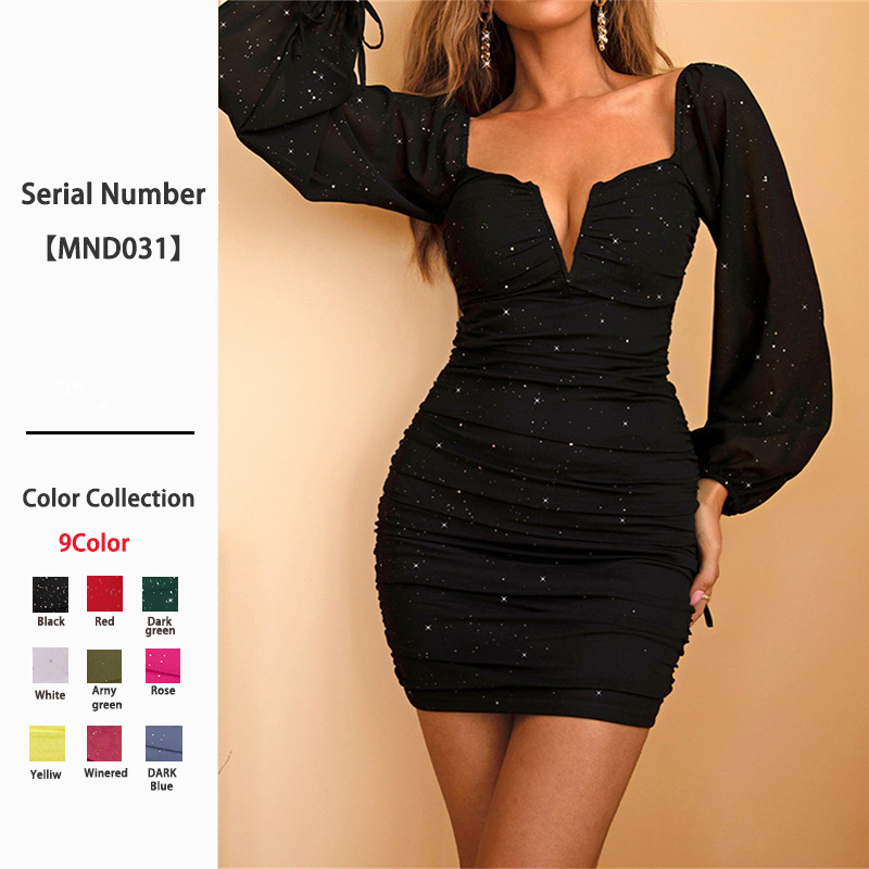 European and American Foreign Trade Hepburn-Style Long-Sleeved Dress, New Spring and Summer Women's Clothing, Sexy Tight-Fitting Black Hip-Hugging Short Skirt for Women