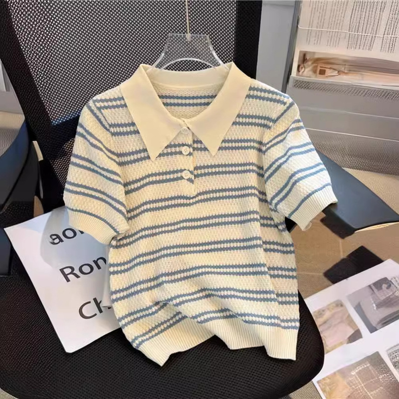 Ice Silk Short-sleeved T-shirt Women's 2024 New Summer Thin Design Niche Striped Polo Collar Sweater Top