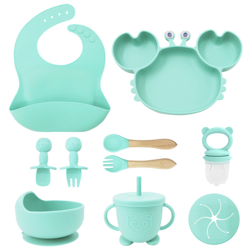 Plato de silicona para niños set de cangrejo para bebés alimentando bacon portátil para comer tenedor cuchara set de bolos de alimentos suplementarios