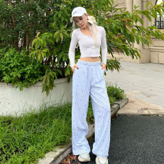 Hollister竖条纹印花爱心字母织带休闲长裤百搭宽松美式高腰睡裤
