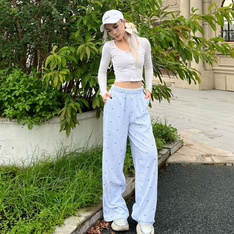 Hollister Vertical Stripesd Printed Heart Letter Web Casual Pants Versatile Loose American High-Waisted Pajamas