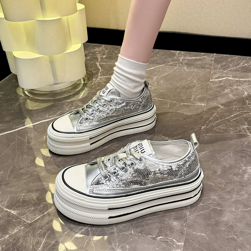 Cloth nail sequins platform, footwear, summer sneakers, high white shoes, for teenagers