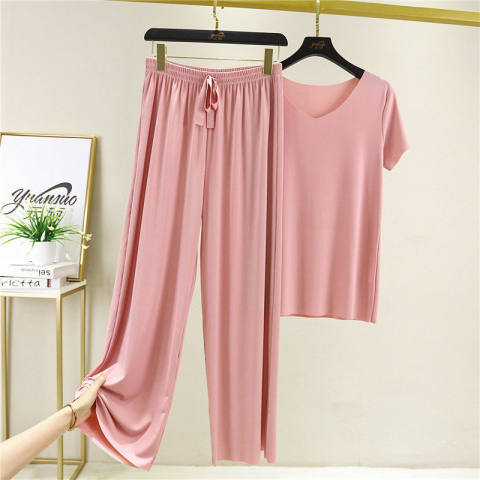 Cross-border Fashion Ice Silk Suit Women's Summer New Elegant Sports Casual Wide-leg Pants Short-sleeved Two-piece Western Style Trendy
