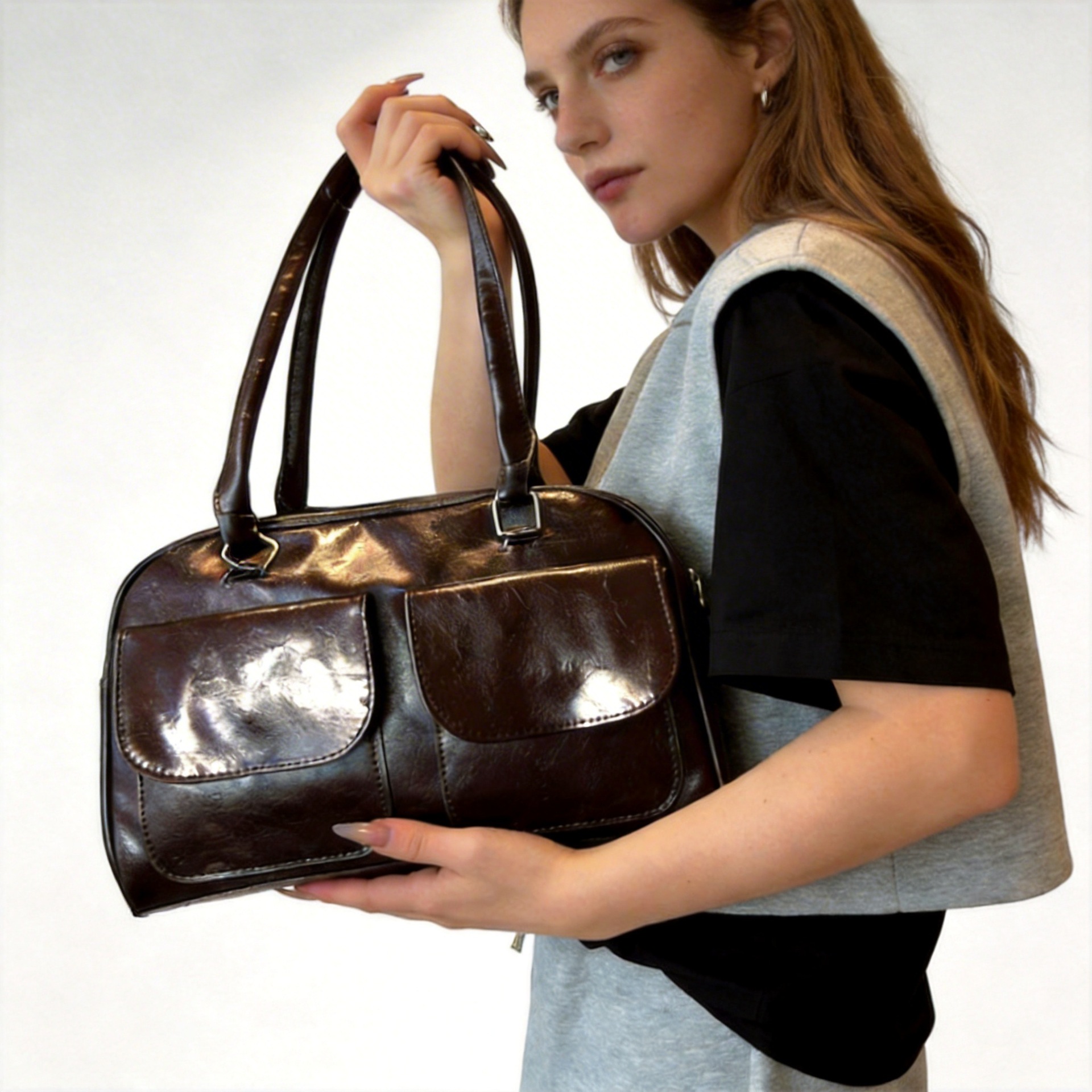 Unique Underarm Bag with a Glossy Finish, Versatile Bowling Bag, Boston Shoulder Underarm Bag, Commuter Handbag for Women