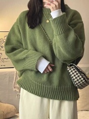 复古日系打底针织衫2025新款绿色套头毛衣女秋冬厚慵懒风内搭上衣