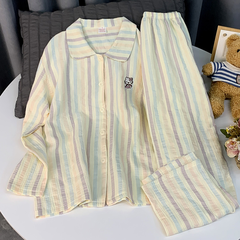 可爱KT猫纯棉纱布睡衣女秋季开衫长袖高级感条纹学生家居服套装|undefined