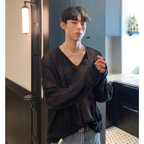Men's V-neck Knit Sweater with Lacy Mesh Long Sleeve Outerwear, Casual Trendy Style for Spring and Autumn (Korean Version)