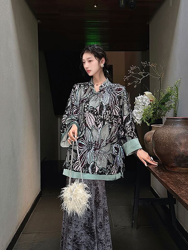 新中式国风新款长袖衬衫秋季高定珠片绣花高级宽松上衣女装 N9030|undefined