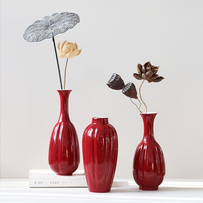 Red Vase Ceramic High-End Festive New Year Wedding Room Decoration Living Room Decoration Ornaments Hydroponic Dried Flower Flower Arrangement