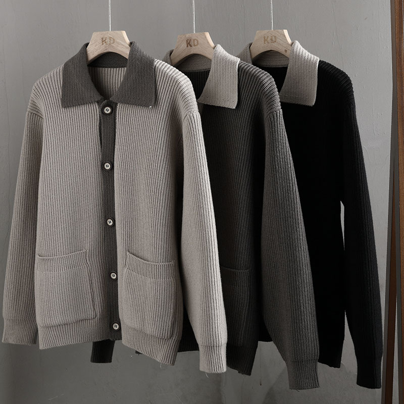 Color contrastante camiseta de punto hombre otoño invierno cardigan suelto marca de moda de hombre alta sensación casual abrigo con solapa suéter