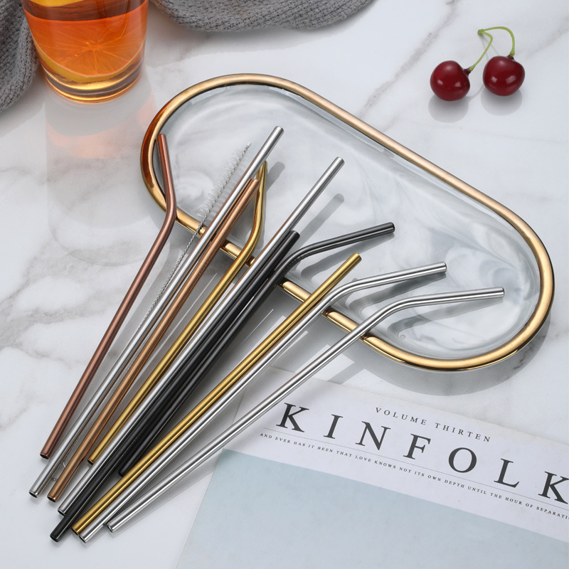 304 Stainless Steel Straw Set Beverage Drinking Straw Metal Milk Tea Straw Portable Cloth Bag Amazon Cross-border Tableware