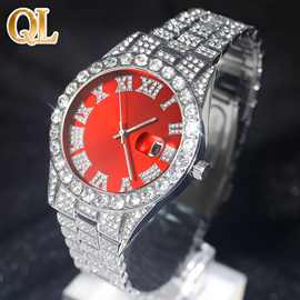 Hiphop手表欧美爆款男士钢带嘻哈罗马刻度镶钻日历男士石英腕表