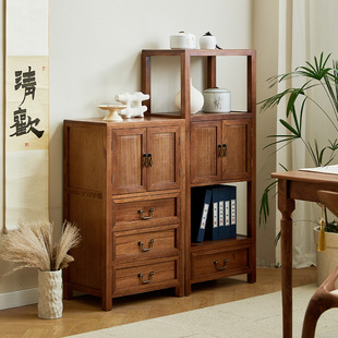 C^New Chinese Style Cupboard Solid Wood Bogu Shelf Bookcase Tea Cabinet Walnut Color Wall Cabinet Bookshelf Small Side Cabinet Corner