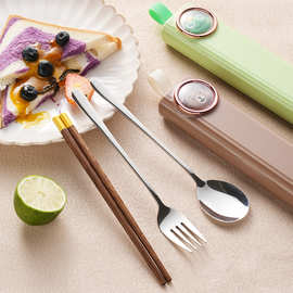 韩式卡通便携餐具套装304不锈钢勺子筷子三件套收纳盒装学生餐具