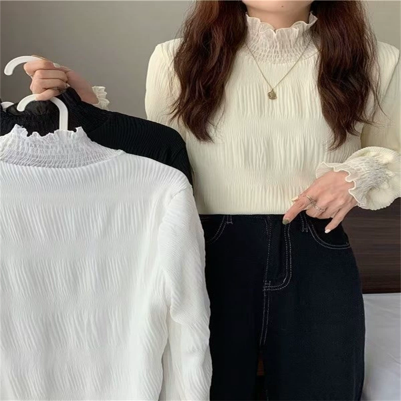 Плиссированная шифоновая блузка для женщин, новая осенне-зимняя модель в корейском стиле, с полувысоким воротником, однотонная, теплая, с кружевным оборчатым подолом, базовая рубашка.