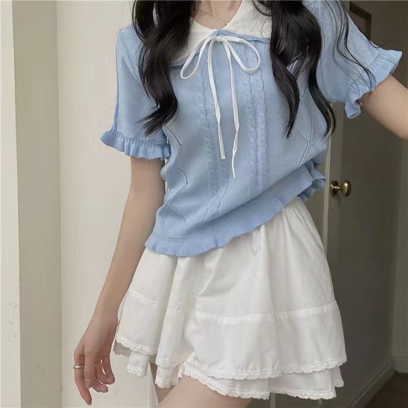 Cute short knitted design brand short sleeve T-shirt with bow