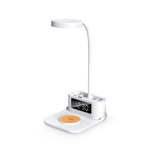 New multifunctional bedside lamp with alarm clock wireless charging pen holder desk lamp with clock 15W wireless fast charging