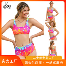 欧美渐变色高腰分体比基尼宽肩带火焰露背泳衣bikini紧身性感火焰