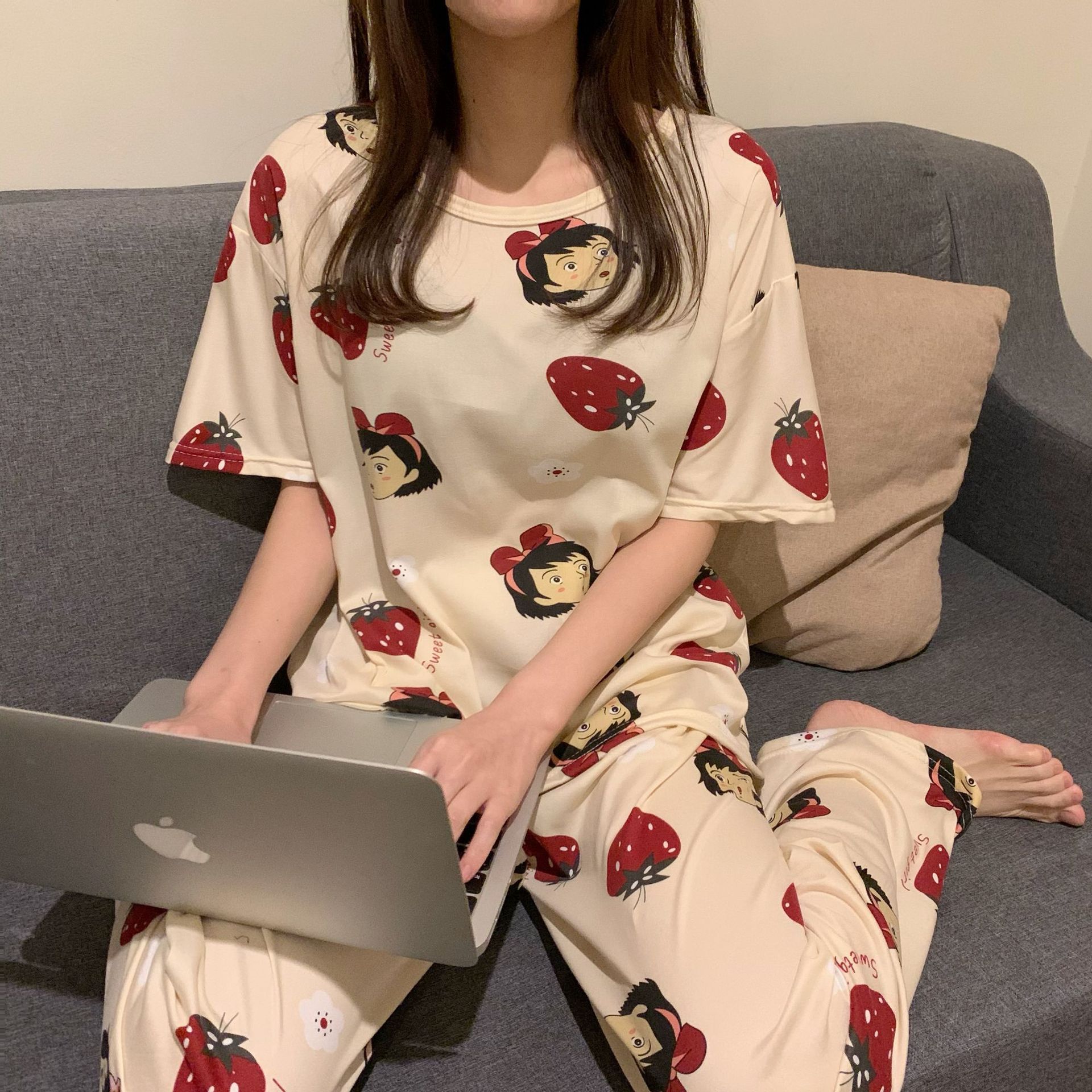 Pijamas primavera y otoño de las mujeres de verano Pantalones de manga corta más el tamaño flojo estilo coreano fresco lindo estudiante dulce traje de desgaste para el hogar