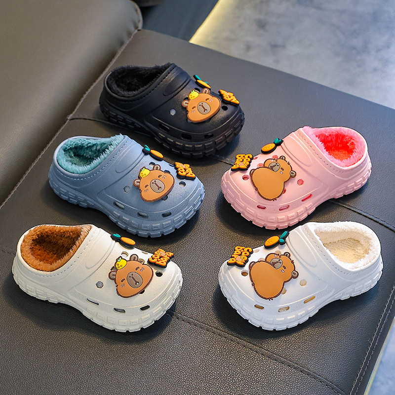 Zapatillas de algodón de invierno para niños Capibara, zapatillas de algodón para niños y niñas, cálidas y impermeables, bolsas para niños pequeños y grandes.