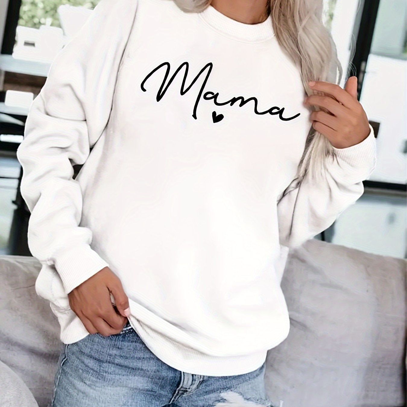 Mama Letter Printed Casual Round Neck Long Sleeve Sweatshirt, Women's White_voghion.com