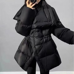 大翻领抽绳收腰羽绒服女冬2025新款白鸭绒加厚气质保暖修身外套