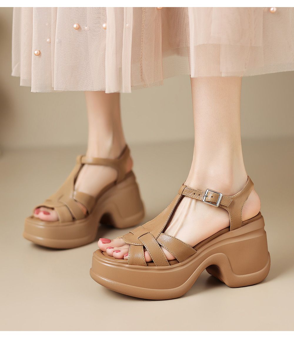 Sandal cao gót nữ đế xuồng đan lát hở mũi quai chữ T — màu trắng ngà, màu mơ chi tiết 11