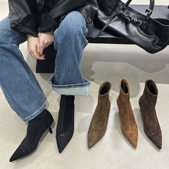 尖头高跟短靴2025秋季新款复古显瘦时装瘦瘦靴细跟百搭铆钉短筒靴