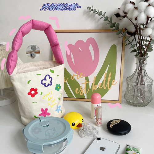 亚马逊跨境货源/清新帆布水桶包充棉肩带手拎包饭盒袋可爱印花便