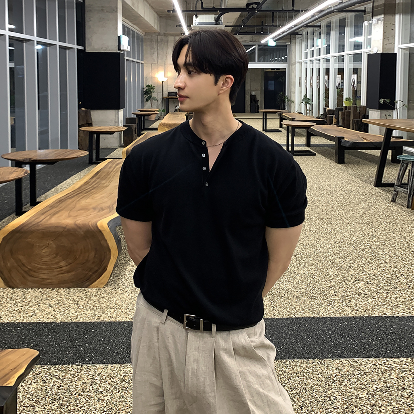 Asclo Summer Thin Short-Sleeved Knitwear Men's Pure Color Henley Collar Lazy Trendyy Korean Style New Ice Silk T-Shirt