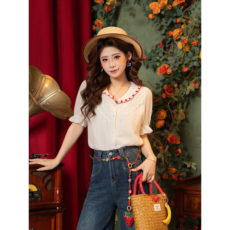 Short-Sleeved Women's Summer Tops with Cotton, Turn-Down Collar, Hollow Lace, Cherry Beading, and a Unique Design for Summer Short-Sleeved Women's Summer Tops with Cotton, Turn-Down Collar, Hollow Lace, Cherry Beading, and a Unique Design for Summer