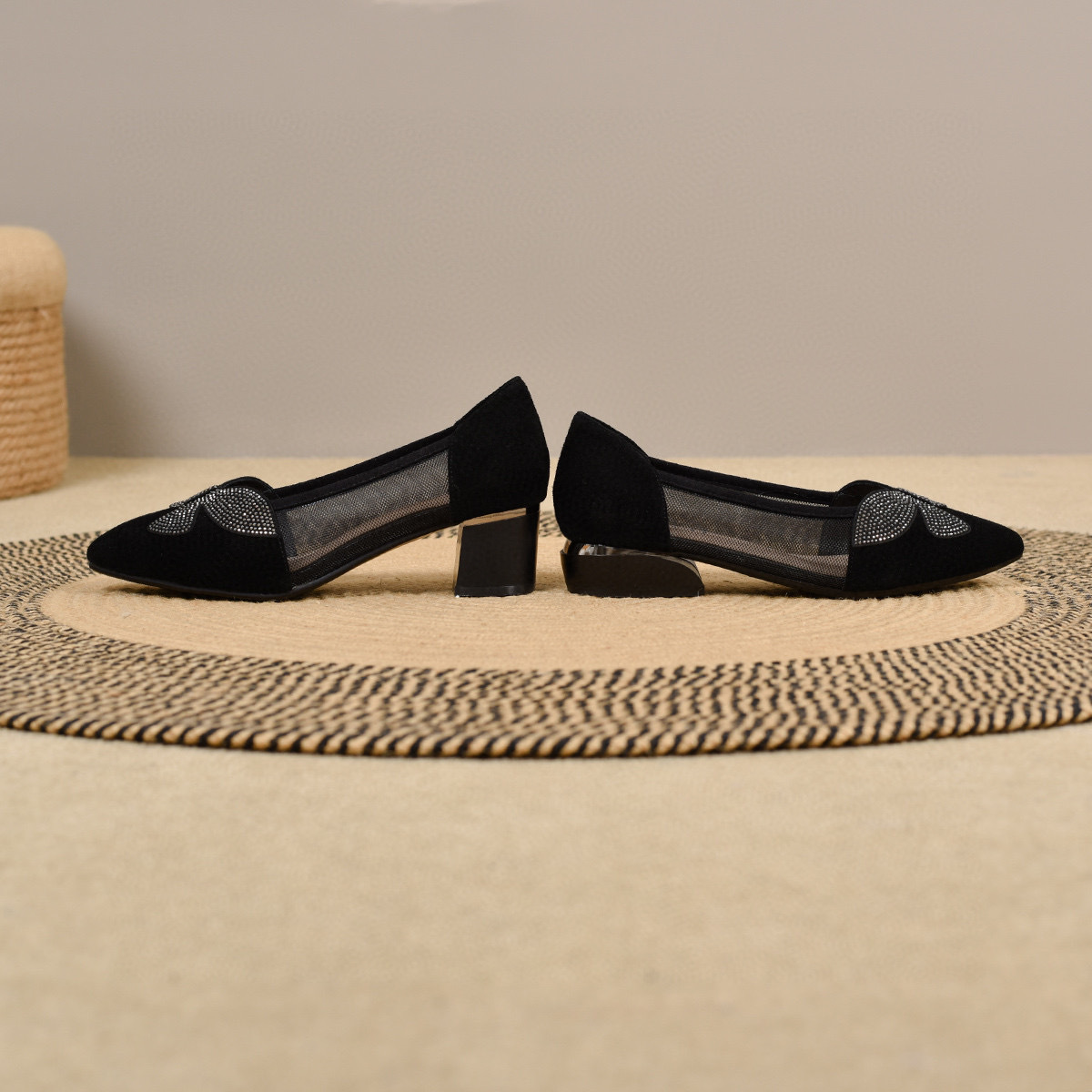 Sandal nữ mũi nhọn phối lưới nơ, gót dày 3 cm, kiểu dáng thoáng khí — Đen--3CM chi tiết 7