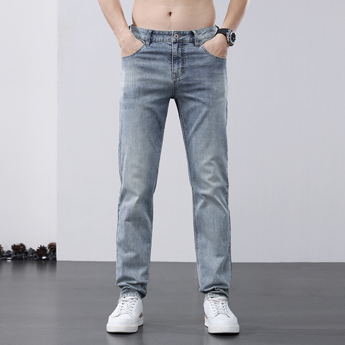 Urban simple jeans for men, slim spring and summer new casual trousers for men, trendy light color straight pants for men