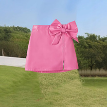 年轻女孩纯色PU皮革蝴蝶结装饰休闲裙粉色半身裙