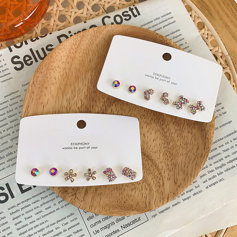 Korean Fashion Colorful Inlaid Rhinestone Bow Heart Flower Earrings 6-piece Set Wholesale Nihaojewelry display picture 9