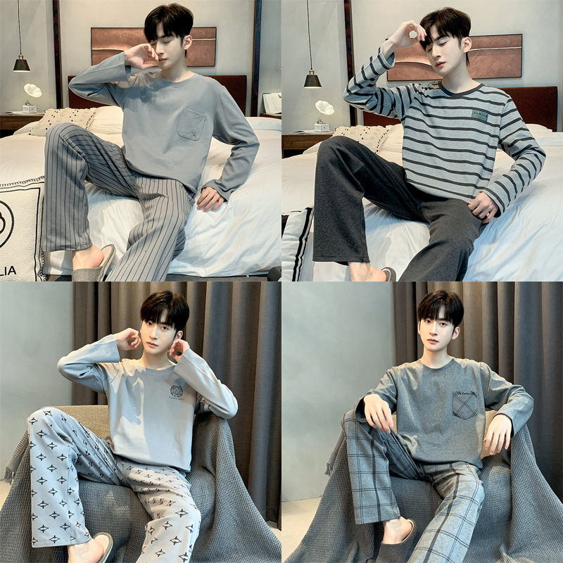 2023 Otoño e Invierno pijamas hombres con cuello en V manga larga traje suelto casual juventud hogar desgaste simple Traje a cuadros