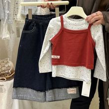 女童套装春装2025儿童时尚吊带衫波点T恤衫中小童拼色阔腿牛仔裤