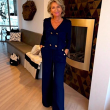 2025跨境高级感欧美秋冬新款时尚休闲女士翻领纽扣纯色职业装套装