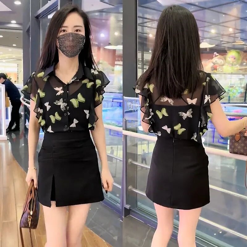 Chiffon Ruffle Edge Design Fashionable Floral Shirt Top for Women, Summer Stylish Simple Chic Versatile Blouse with Pleats