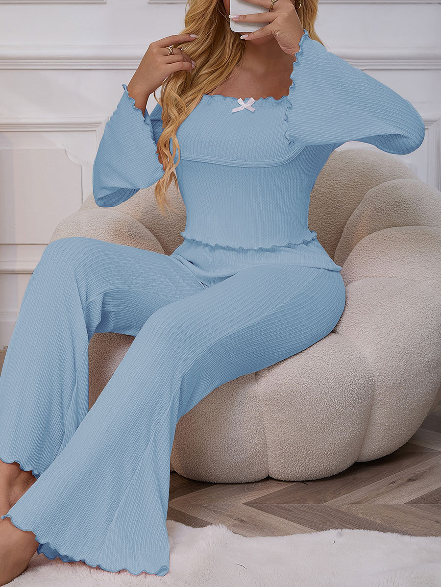 Europeos y estadounidenses trajes de mujer transfronterizos de moda sexy simple cuerno mangas rizadas arco mangas largas pantalones largos pijamas ropa doméstica image 8