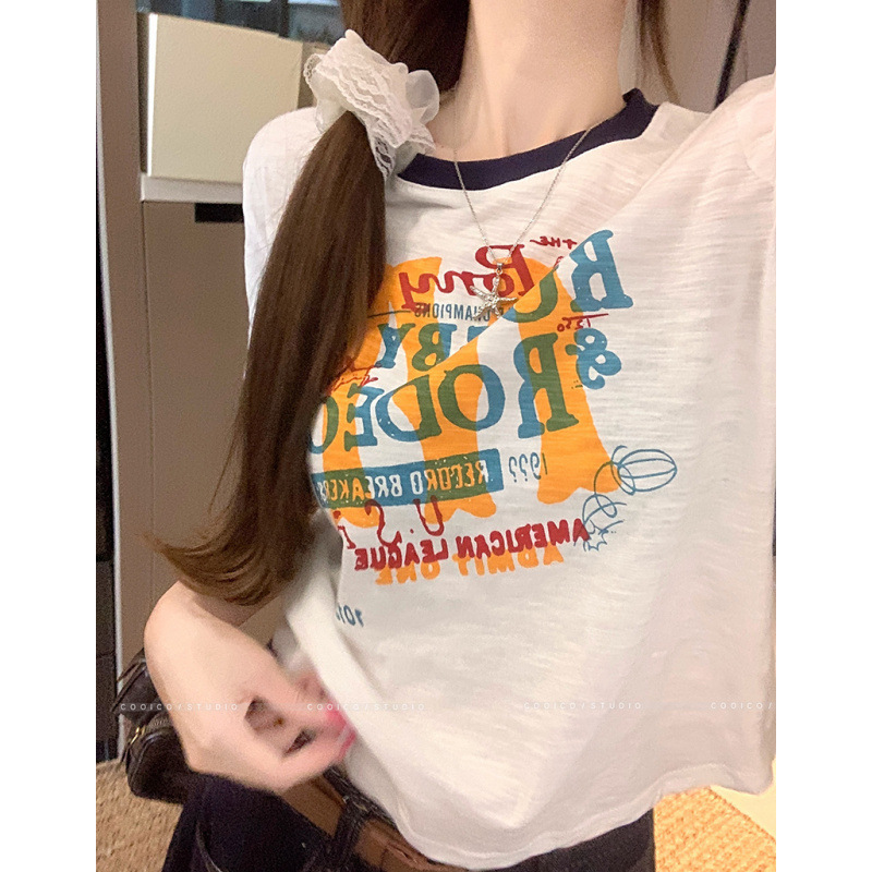 韓国風カジュアルで快適なコントラストプリント右肩ラウンドネック半袖Tシャツレディース夏万能カジュアルプルオーバートップ|undefined