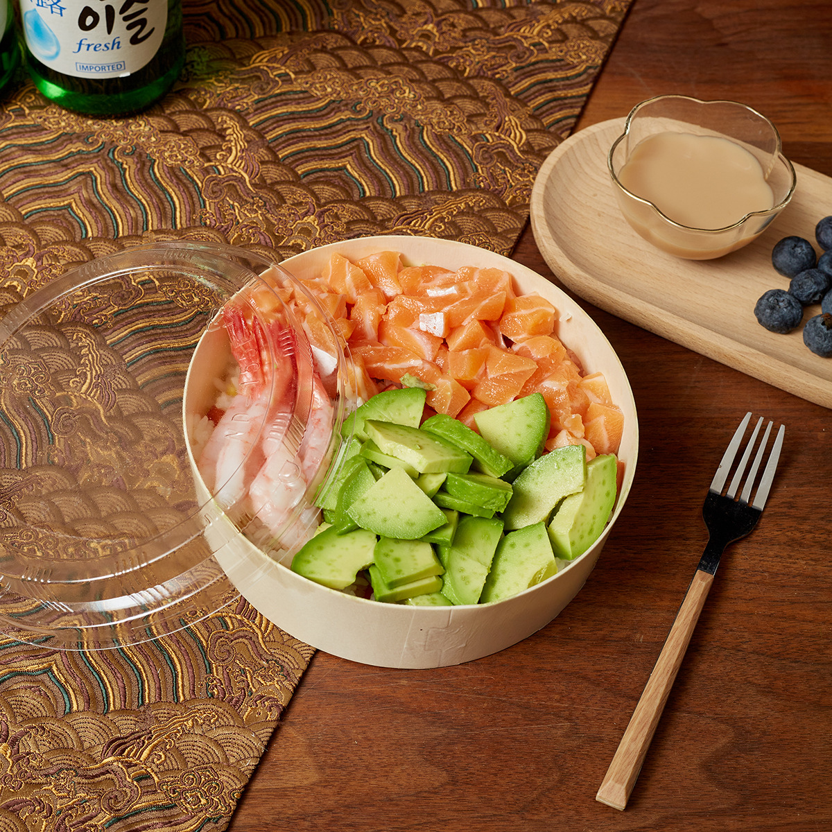 Caja de comida de madera de alta calidad Caja de salmón para llevar Caja de embalaje de sushi fresco Caja de madera para llevar sashimi redondo